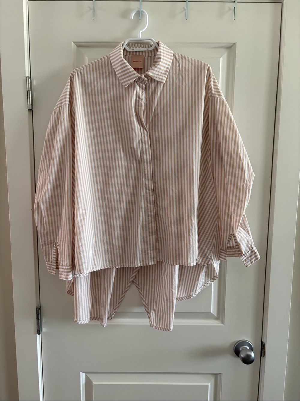 Zeta Otto Oversized Striped Button-Up Shirt in Beige & White